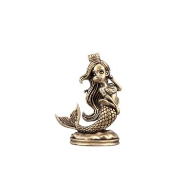 Imagem de Estátua em miniatura de princesa sereia de coroa de latão, escultura de modelo de sereia de metal, ornamento de peso de papel para casa bonsai micro acessórios de decoração de paisagem