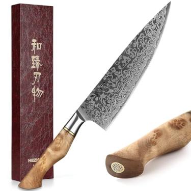 Imagem de HEZHEN Faca de chef profissional de aço damasco 21 cm, faca de cozinha VG10 Gyuto da série Master ferramenta de cozinha em casa, cabo de madeira de sicômoro com figura de restaurante