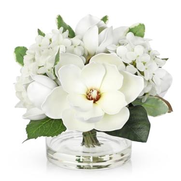 Imagem de Briful Arranjo de flores artificiais de magnólia e hortênsia em vaso de vidro 23,9 cm, flor falsa de seda branca realista com água falsa para decoração de casa, sala de escritório, prateleira de mesa