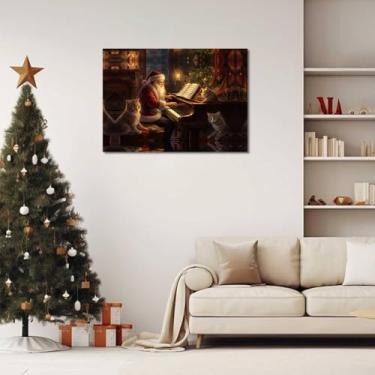 Imagem de 1 peça de impressão de arte de parede de Natal Papai Noel tocando piano com gatos, cena de férias encantadora, sem moldura para sala de estar, quarto, escritório, 30 x 45 cm