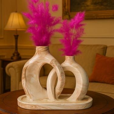 Imagem de Arranjo de Flores Sempre-Vivas Naturais em Vaso Decorativo, 15 cm, Branco com Padrão Art Déco (19)