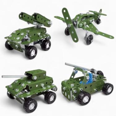 Imagem de Metal Brinquedos Educativos 4 em 1 Kit de Montagem Militar com 166 Peças Veículos de Metal Verde Brinquedo STEM para Desenvolvimento de Habilidades Manuais e Raciocínio Lógico