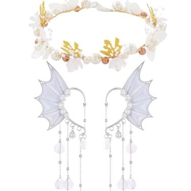 Imagem de FRESHME Punhos de orelha de fada e faixa de cabeça - Algemas de elfo branco com concha, borla, orelhas de sereia, flor, coroa de fada, sereia, orelhas de sirene, fantasia de Halloween, renascentista