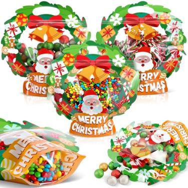 Imagem de Fuutreo 25 unidades de sacos de presentes de Natal transparentes para guirlanda de Papai Noel, bolsa de presente de plástico resselável para festas de fim de ano com alças para biscoitos, chocolates