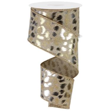 Imagem de Fita com fio de estampa de leopardo com glitter e manchas metálicas para árvores de Natal temáticas de guepardo, grinaldas, presentes, artesanato, laços (bege claro, dourado, prata, 6,3 cm x 10 jardas