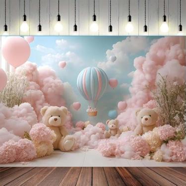 Imagem de Boho Urso balão de ar quente pano de fundo rosa floral grama pampa bonito balões de fundo urso menina chá de bebê festa bolo decoração suprimentos (B, 1,5 x 0,9 m)