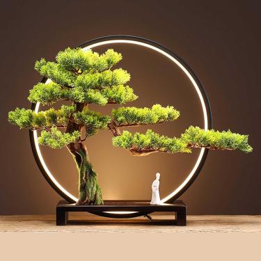 Imagem de Árvore De Bonsai Artificial Com Lâmpada Led, Base De Madeira Maciça, Ornamento De Planta Em Vaso De Pinho De Boas-vindas Realista, Planta Verde De Bonsai De Simulação, E