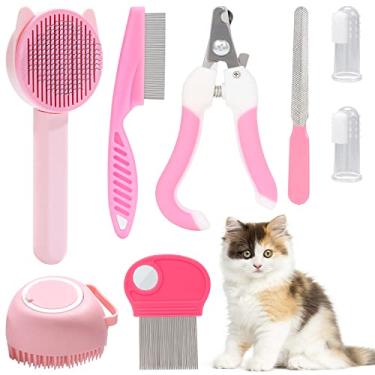 Imagem de VCZONE 8 kits de escova para gatos, kit de autolimpeza para animais de estimação com cortador de unhas e lixa para animais de estimação, pente para pulgas, escova de banho para xampu para animais de estimação, escova de dentes de silicone