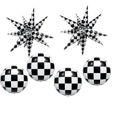 Imagem de Balões xadrez pretos e brancos para decoração de festa de Alice, balões de explosão de estrelas para decoração de festa de carro de corrida/disco retrô/artigos de festa punk rock