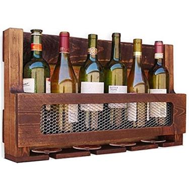 Imagem de Prateleiras de vinho de parede prateleira de madeira em bar casa LOFT metal ferro montado na parede taças de vinho champanhe taças de taças suporte de garrafa de vinho pode pendurar 46 taças (tamanho