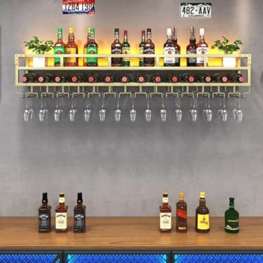 Imagem de Prateleiras flutuantes de metal para bebidas de 2 níveis, suporte de garrafa de vinho montado na parede, organizador de metal para exibição de vinho, prateleira de bar de parede, suporte de