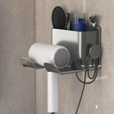 Imagem de 1 suporte de secador de cabelo com gancho de plugue, suporte de parede sem perfuração, organizador de ferramentas de estilo para fácil acesso e conveniência - cinza