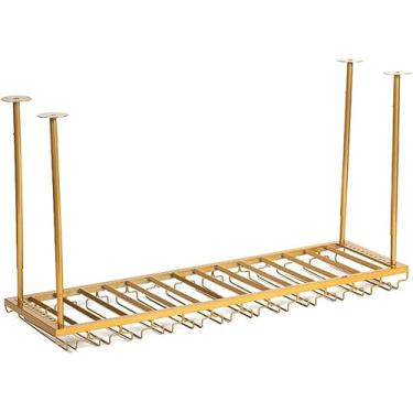 Imagem de Prateleiras de taças de vinho, suporte de copo de vinho pendurado no teto, suporte de garrafa de vinho, rack de taça de vinho de metal para restaurantes, cozinhas, bar, prateleira de exibição, ouro