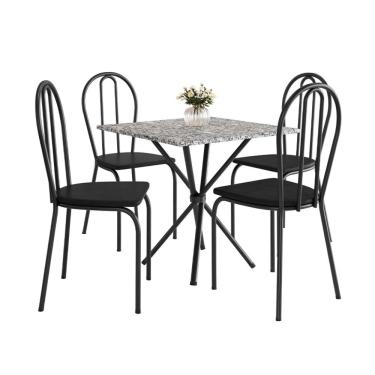 Imagem de Conjunto de Mesa Quadrada com Tampo Granito e 4 Cadeiras Léia Revestimento Sintético Preto