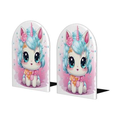 Imagem de Suporte de livros de madeira grande de unicórnio azul rosa decorativo suporte de livros antiderrapante resistente para mesa de escritório em casa biblioteca de estudo escolar divisórias de livros para