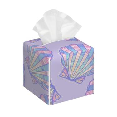 Imagem de Suporte quadrado de couro para caixa de lenços de papel, impermeável, estampa de concha do mar, roxo, organizador de papel facial com cinto inferior, estojo de lenços para mesa, banheiro, escritório