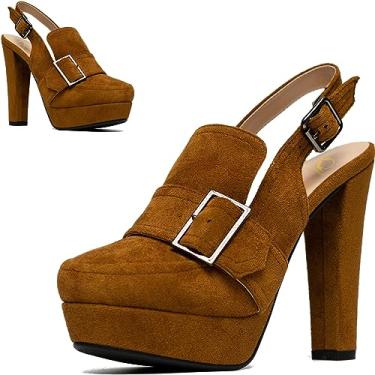Imagem de SHODENSE Sapato feminino vintage plataforma salto alto grosso sapato redondo fechado plataforma mocassins tornozelo tira bloco salto slingback verão fivela sem costas mocassim senhoras sexy chique