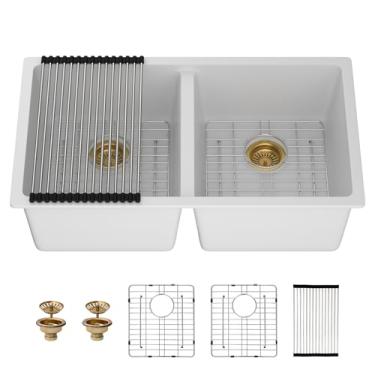 Imagem de Pia de cozinha composta de granito 33 – Couoko Pia de cozinha de granito branco de 83 x 48 cm, pia de quartzo branco sob o balcão, bacia dupla 50/50