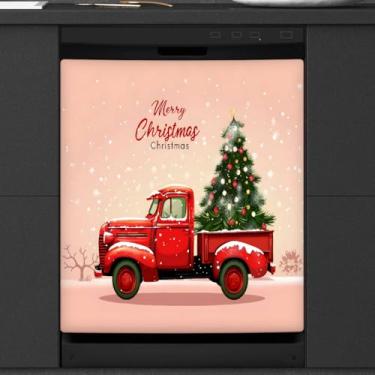 Imagem de Capa magnética para lava-louças, árvore de Natal, caminhão, inverno, lava-louças, capa magnética para porta de geladeira, decalque de geladeira para cozinha, eletrodomésticos, decorativo, 58 x 66 cm