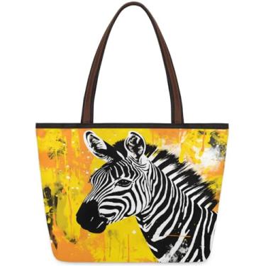 Imagem de Sacola grande feminina com pintura de zebra de animal, bolsas de pano de trabalho amarelas com zíper, reutilizáveis, bolsas de mão casuais para viagem, trabalho, férias, praia, compras, academia