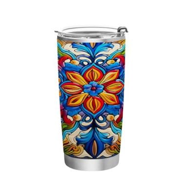 Imagem de Blueangle Copo de 590 ml com tampa e canudo, copo de café com água isolada a vácuo de aço inoxidável, caneca térmica de cerâmica mexicana para bebidas quentes e frias (161)