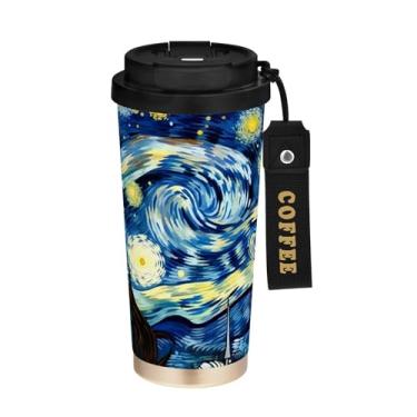 Imagem de SEHANY Caneca de café Starry Starry Night Travel de 500 ml com revestimento de cerâmica e tampa à prova de vazamento, parede dupla, isolada a vácuo, copo de aço inoxidável para bebidas quentes e frias