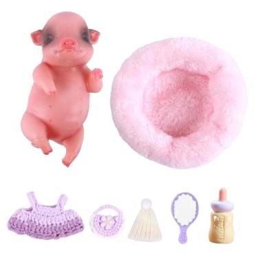 Imagem de MERIGLARE Conjunto de brinquedo de porco de silicone realista, mini porco de brinquedo, presente com acessórios, porquinho macio e fofo.