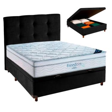 Imagem de Cama Box Baú Preto + Colchão Casal Freedom Ortobom + Cabeceira