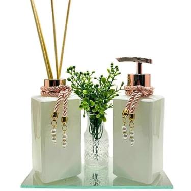 Imagem de Kit 02 Frascos de Vidro Square Galena 250ml para Difusor de Aroma e Sabonete Líquido com Bandeja Espelhada, Vaso e Varetas(ROSE)