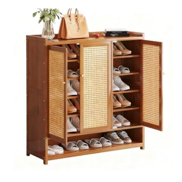 Imagem de SPXMQSS Armário de sapatos com portas, armário de armazenamento de sapatos grande de 7/8 níveis para entrada de bambu, sapateira independente para corredor, sala de estar, quarto, armário marrom 90 x