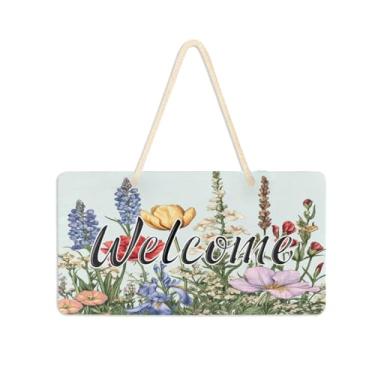 Imagem de Burbuja Placa de boas-vindas de flores silvestres para porta da frente, placa de boas-vindas de PVC para decoração de férias, 15 x 28 cm