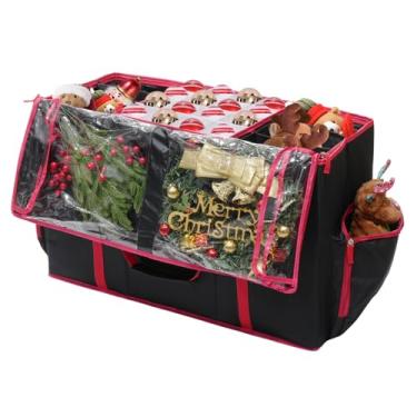 Imagem de Caixa de armazenamento de enfeites de Natal 2 em 1 e recipiente de estatueta de Natal com fecho de zíper duplo, divisórias ajustáveis e bandejas removíveis, recipiente de armazenamento de enfeites de