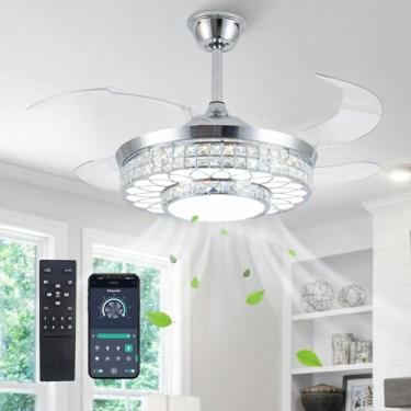 Imagem de SAMPHON Ventiladores de teto retráteis de 107 cm com luzes, ventilador de teto de lustre de cristal com controle remoto e aplicativo, lustre de LED regulável moderno para sala de estar, sala de jantar