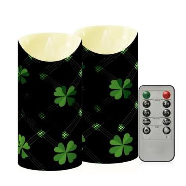 Imagem de Wassud Pacote com 2 velas de trevos xadrez verdes sem chama com controle remoto, velas realistas cintilantes com temporizador, velas decorativas para Natal, casamento, festa, decoração de casa média