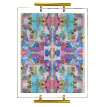 Imagem de Katie Romeo Designs Bandeja de servir de acrílico com alças douradas – Bandeja decorativa transparente de 28 x 35 cm, multicor rosa e azul – penteadeira, mesa de café, carrinho de bar ou organizador