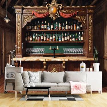 Imagem de Tamanho personalizado barra de madeira vintage detalhe dourado bancada mármore tecido de parede autoadesivo (SEM PVC) papel de parede removível grande foto para bar, sala de estar, escritório