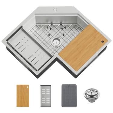 Imagem de Pia de cozinha de canto de 30 polegadas, estação de trabalho de aço inoxidável, elegante e moderna, pia de estação de trabalho com tábua de corte, grade inferior, tapete de silicone, escorredor, boa