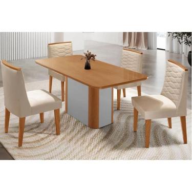 Imagem de Sala Jantar Mesa Pietá Tampo Curvo 120cm+4 Cadeiras Maldivas Madeira Naturale/Off White - Capuccino/Suede Creme - Rufato