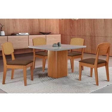 Imagem de Sala Jantar Mesa Maldivas Tampo c/ Vidro Curvo 90cm+4 Cadeiras Havana Naturale/Off White - Suede Marrom - Rufato