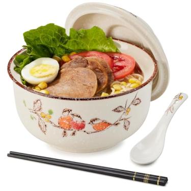 Imagem de Conjunto de tigelas de ramen de cerâmica, tigelas de sopa grandes japonesas vintage japonesas, tigela de macarrão instantâneo, utensílios de mesa asiáticos, com tampa, colher e pauzinhos para