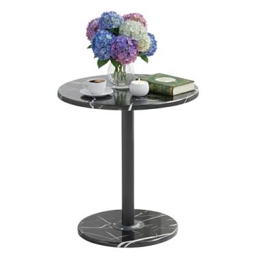 Imagem de Davimaxium Mesa lateral redonda, mesa de centro, mesa lateral redonda pequena com grão de mármore para sala de estar, quarto, escritório e espaços pequenos, base de madeira, fácil montagem (preto)