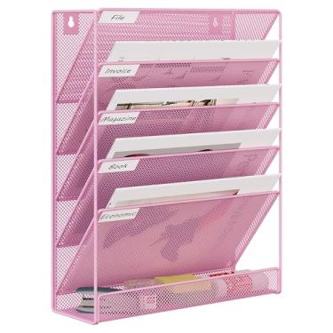 Imagem de EasyPAG Suporte de arquivo de parede de 5 camadas, organizador de pastas suspensas de malha com etiqueta de classificação, suporte de arquivo de mesa versátil, organizador vertical de parede para