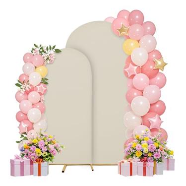 Imagem de Conjunto de capas de arco de casamento de 2 m, 1,8 m, capa de arco, suporte de arco, tecido elastano, pano de fundo elástico para decoração de festa de aniversário de casamento, chá de bebê (off-white