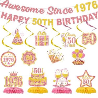 Imagem de Decoração de aniversário de 50 anos para mulheres, 14 peças de kit de banner de feliz aniversário de 50 anos em ouro rosa, suprimentos de festa, incrível desde 1976, redemoinhos pendurados, decoração
