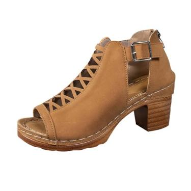 Imagem de Sandália feminina casual de salto alto com boca de peixe primavera verão lazer ao ar livre, Marrom, 38