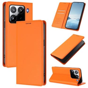 Imagem de Capa carteira fina para Xiaomi 15 Pro com capa flip magnética, compartimentos para cartões e suporte, bloqueio RFID, compatível com carregamento sem fio, capa protetora à prova de choque (laranja)