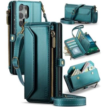 Imagem de YYTVN Capa carteira para Samsung Galaxy S25 Ultra com zíper para cartão e alça transversal e alça de pulso, capa flip magnética de couro PU com bloqueio de RFID para Galaxy S25 Ultra - verde
