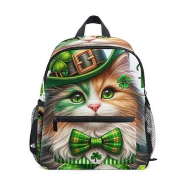 Imagem de Cute Cat St Patrick Shamrock Simple Modern Kids Backpack with Whistle, 2 Bottle Pockets, Lightweight, Baby Backpack for Daycare 10x4x12 In, for Ages 3-8
