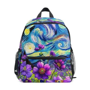 Imagem de GAIGEO Starry Night Violet Flowers Kids Backpack 10x4x12 In, Toddler Boys Backpack with Water Bottle Pockets, Whistle Buckle