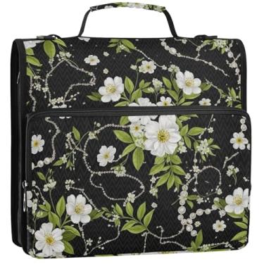 Imagem de Fichários duráveis de 3,8 cm, 3 anéis, flores brancas, folhas verdes, chevron, organizador de fichário com zíper, vários bolsos, pasta grande com alça para escola, 34,5 x 31,5 x 9 cm